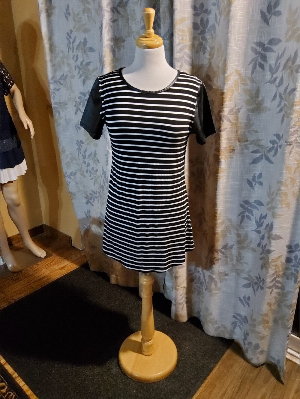 APRICOT Black and White Striped Tunic with Faux Leather Trim